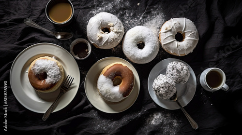 some doughs and coffee on a black table with white powder sprinng around them to make it look like they're