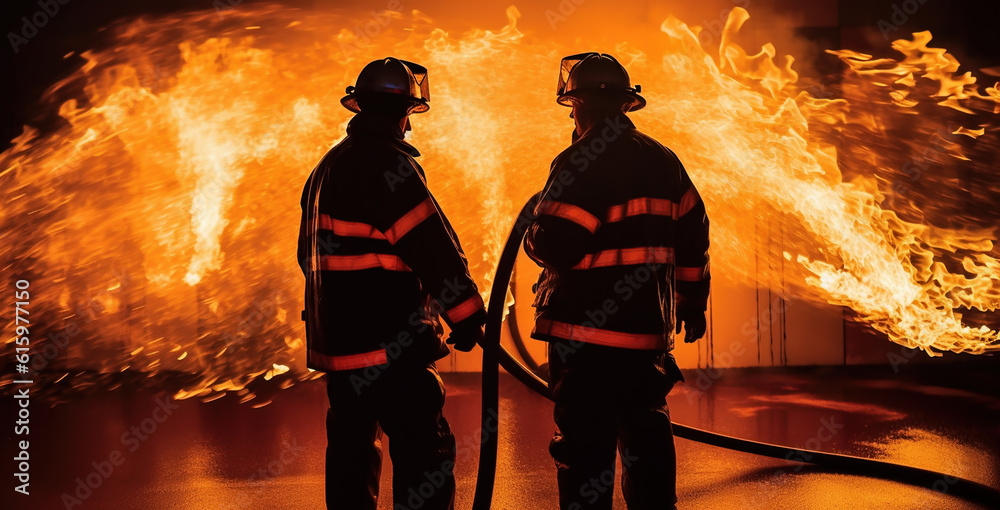 Two male firefighters in front of a flaming house. Generative AI. Two male firefighters in front of a flaming house. Generative AI.
