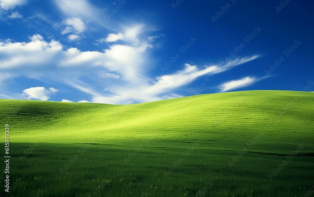 Landscape featuring meadows and clouds. A delightful, wide grassy expanse with fluffy white clouds gently drifting across the blue sky. Copy space. Generative AI.