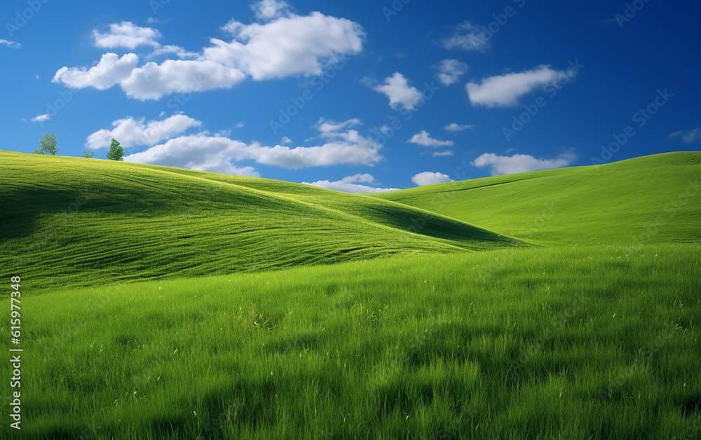 View of grassy plains and clouds. A serene and expansive grassy landscape, adorned with fluffy white clouds that float in the blue sky. Copy space. Generative AI.