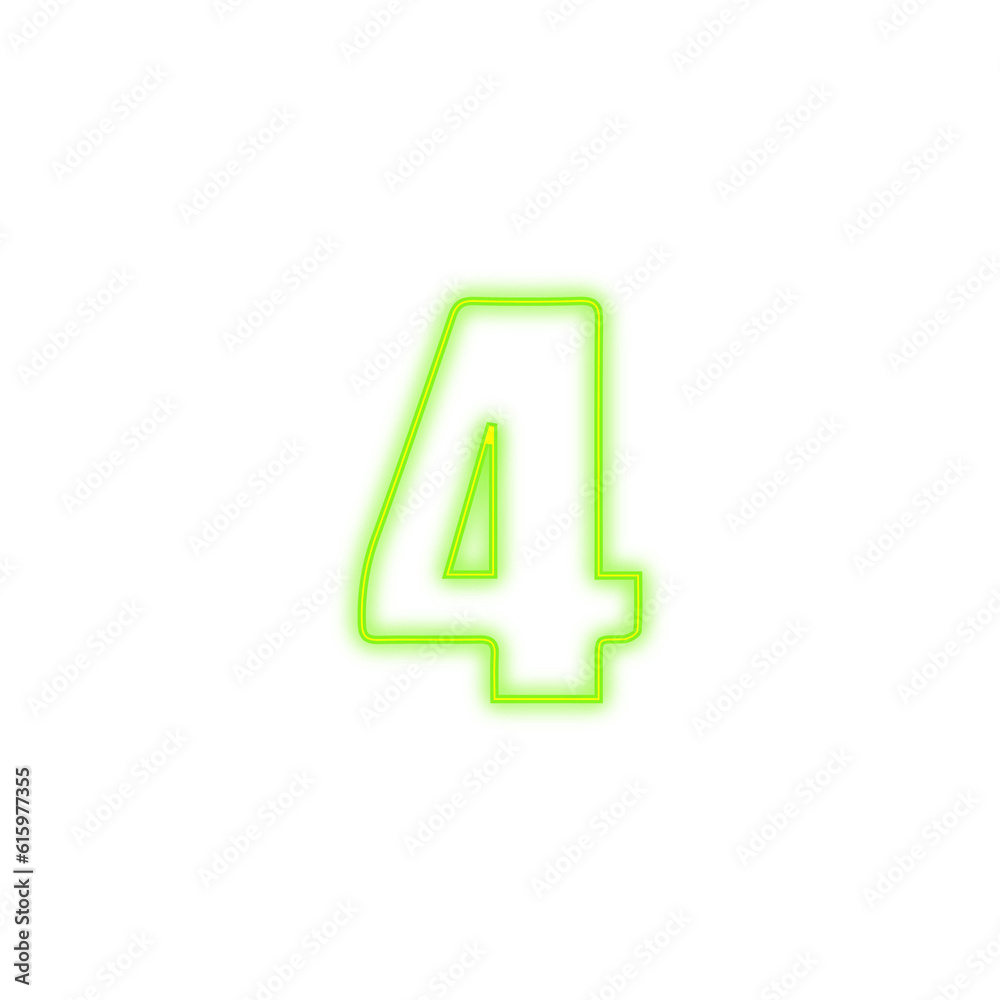 Fototapeta premium Number four 4 green color neon glow character png symbol, Fourth character digit 