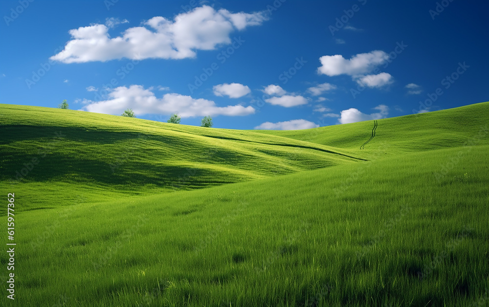 Scenery of grasslands and clouds. An invigorating, wide-open grassland with soft, fluffy white clouds drifting in the blue sky. Copy space. Generative AI.