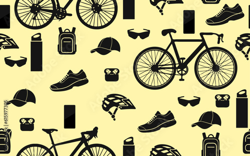 Cycling Accessories Seamless modern pattern vector travel and trip Shoes bag cap sunglass mobile bottle print for cycling, travel tours, wallpaper, fabric, textile, travel items modern
