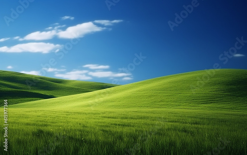 Landscape of meadows and clouds. A refreshing and spacious meadow with fluffy white clouds floating in the blue sky. Copy space. Generative AI.