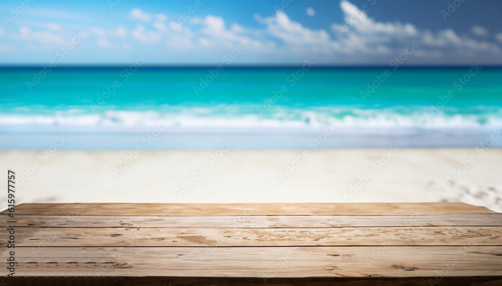Wooden table, background with sunlight and sea in the background with copy space. Wooden table, background with sunlight and sea in the background with copy space.