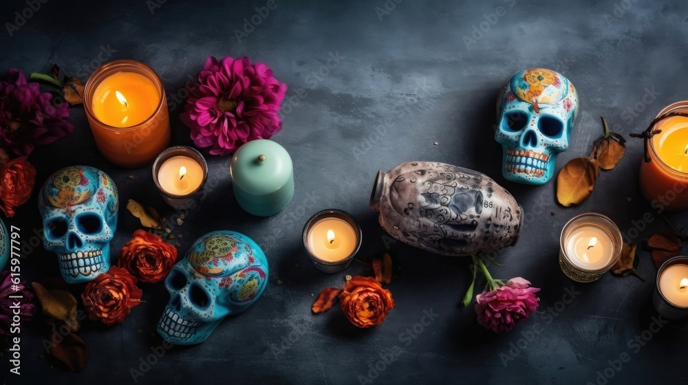 Skulls, candles and flowers on black background for day of the dead