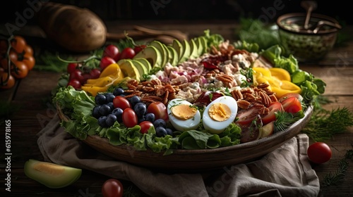 Closeup Cobb salad full of chunks of vegetables, boiled eggs and meat on blur background
