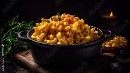 closeup macaroni cheese above a bowl with a blurred background