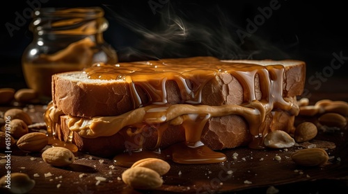 Sweet peanut butter sandwiches with sprinkled peanut kernels on wooden table with blur background