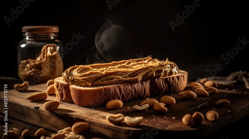 Sweet peanut butter sandwiches with sprinkled peanut kernels on wooden table with blur background