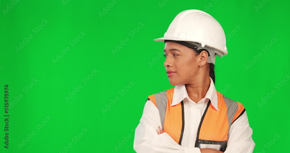 Woman in construction, face and arms crossed on green screen, confidence and agreement on studio background. Mockup space, female contractor looking at choice and architecture with presentation Woman in construction, face and arms crossed on green screen, confidence and agreement on studio background. Mockup space, female contractor looking at choice and architecture with presentation