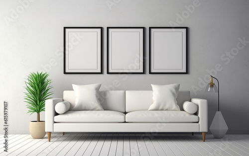There is a white sofa with a simple design. Three picture frames are displayed on the white wall. Generative AI.