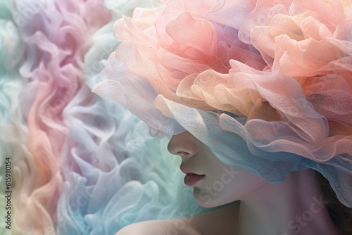 An image of a woman wearing a pastel color lace hat - Generative AI