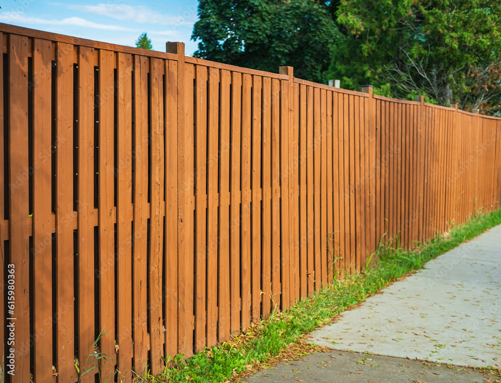 Fototapeta premium Nice new wooden fence around house. Wooden fence with green lawn. Street photo