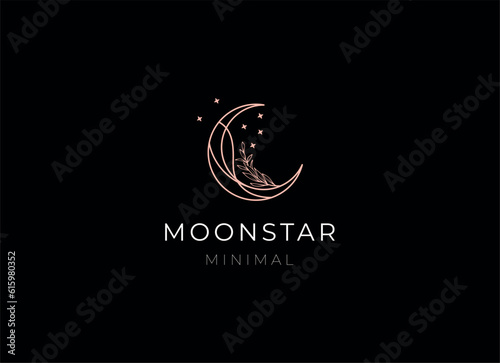 Fényképezés elegant crescent moon and star logo design line icon vector in luxury style outl