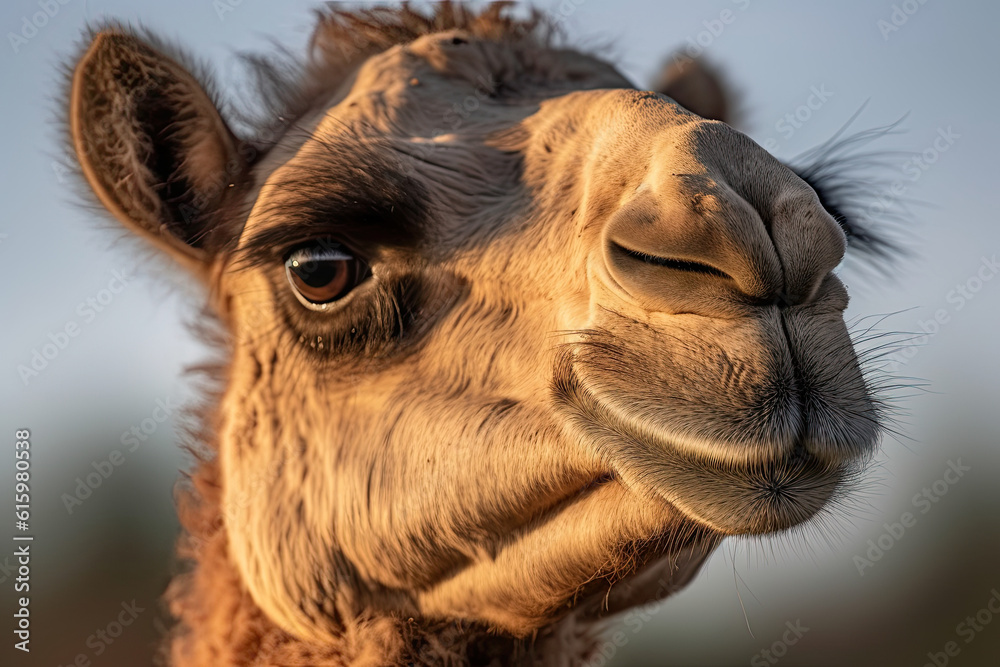 Fototapeta premium a camel's face with the sun shining through its eyes and hair blowing in the wind it is looking directly into the camera