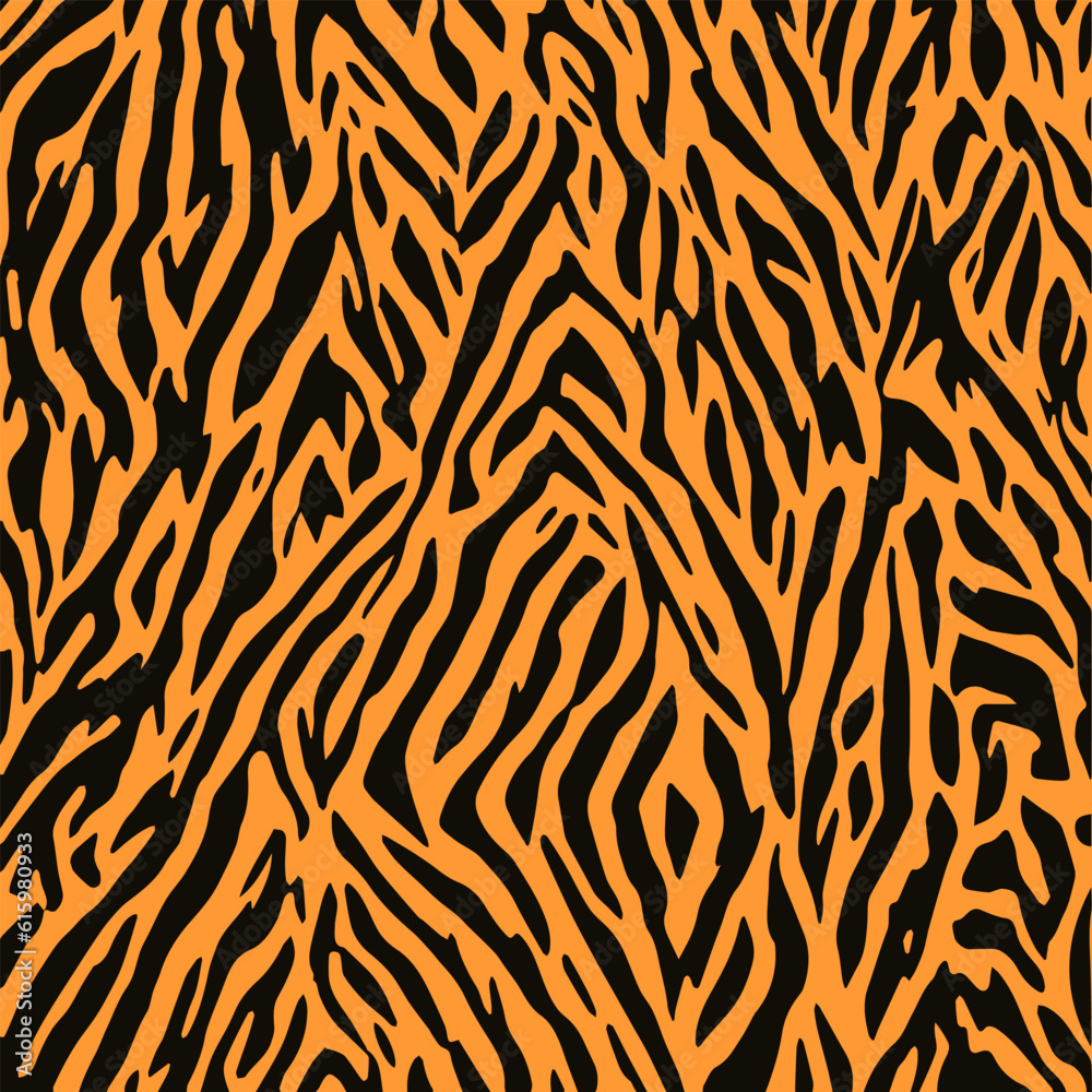 The tiger's skin pattern is a mix of orange and black. Animal skin design for the fabric industry The tiger's skin pattern is a mix of orange and black. Animal skin design for the fabric industry