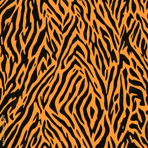 The tiger's skin pattern is a mix of orange and black. Animal skin design for the fabric industry