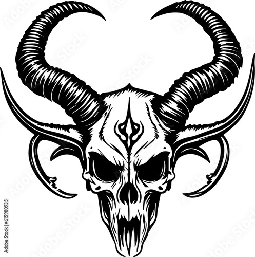 An artificial human skull with a pair of horns and spiked ears. A gothic design suitable for horror-themed t-shirts