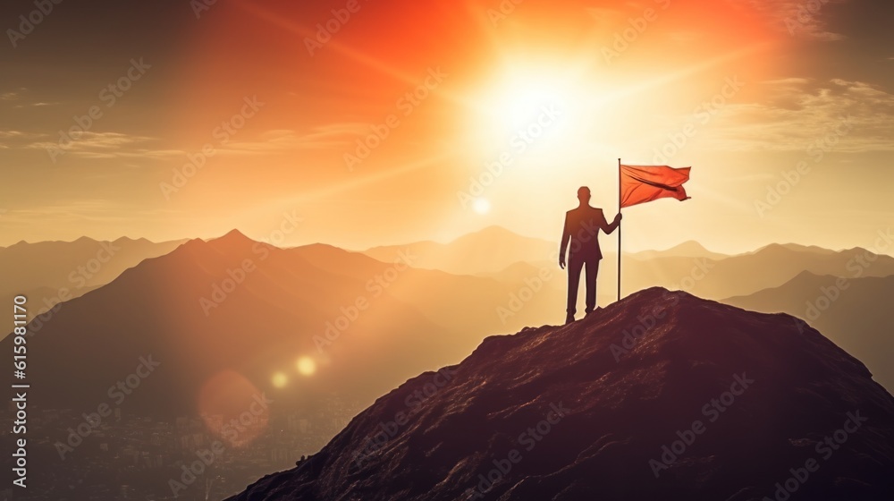 business, success, leadership, success and people concept - silhouette of businessman with flag on top of mountain over blue sky and sunlit background business, success, leadership, success and people concept - silhouette of businessman with flag on top of mountain over blue sky and sunlit background