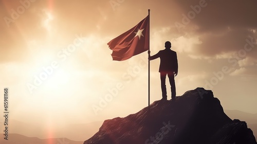 business, success, leadership, success and people concept - silhouette of businessman with flag on top of mountain over blue sky and sunlit background © sirisakboakaew