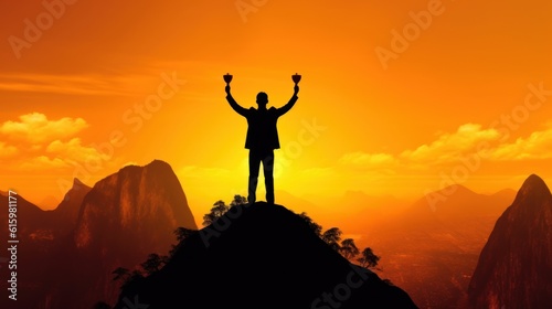 Silhouette of a businessman holding a trophy on top of a mountain with the sunset. The concept of a successful business or great executive to lead the organization to success.
