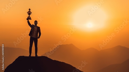 Silhouette of a businessman holding a trophy on top of a mountain with the sunset. The concept of a successful business or great executive to lead the organization to success.