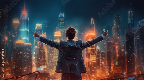 The King of the World, a successful young businessman, raises his hands in joy in front of the city at night.