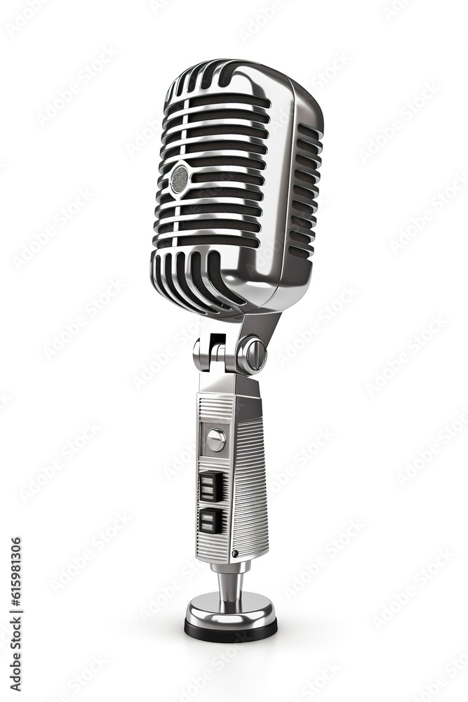 Fototapeta premium An old fashioned microphone on a stand on a white background. Generative AI.