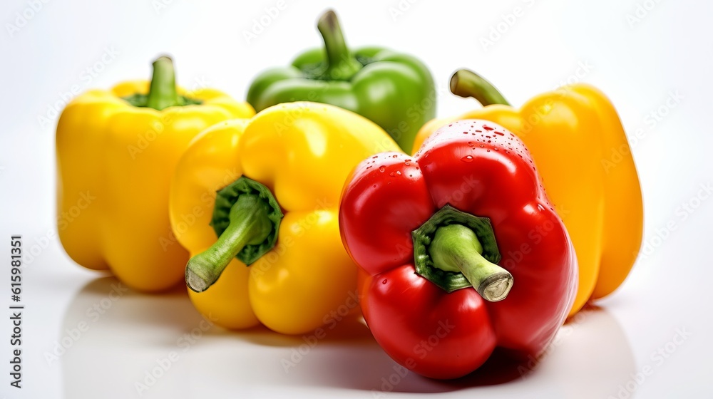 Mixed color sweet pepper on the white background. Created with Generative AI technology. Mixed color sweet pepper on the white background. Created with Generative AI technology.