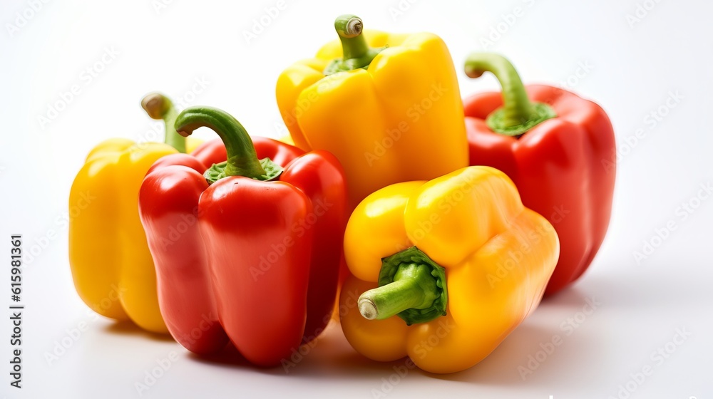 Mixed color sweet pepper on the white background. Created with Generative AI technology. Mixed color sweet pepper on the white background. Created with Generative AI technology.