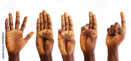 Set of counting black hands isolated on transparent background. Counting from 5 to 1