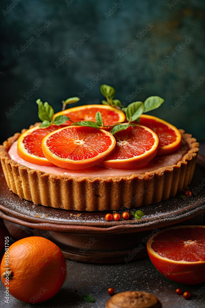 an orange tart on a plate with some blood oranges and mint leaves around it, next to the tart an orange tart on a plate with some blood oranges and mint leaves around it, next to the tart