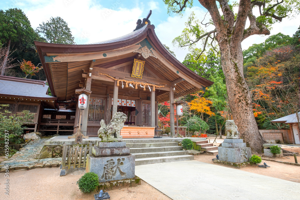 Fukuoka, Japan - Nov 30 2022: Homangu Kamado shrine located at Mt. Homan, venerated from ancient times as a sacred mountain, the shrine probably the inspiration for Kimetsu no Yaiba: Demon Slayer