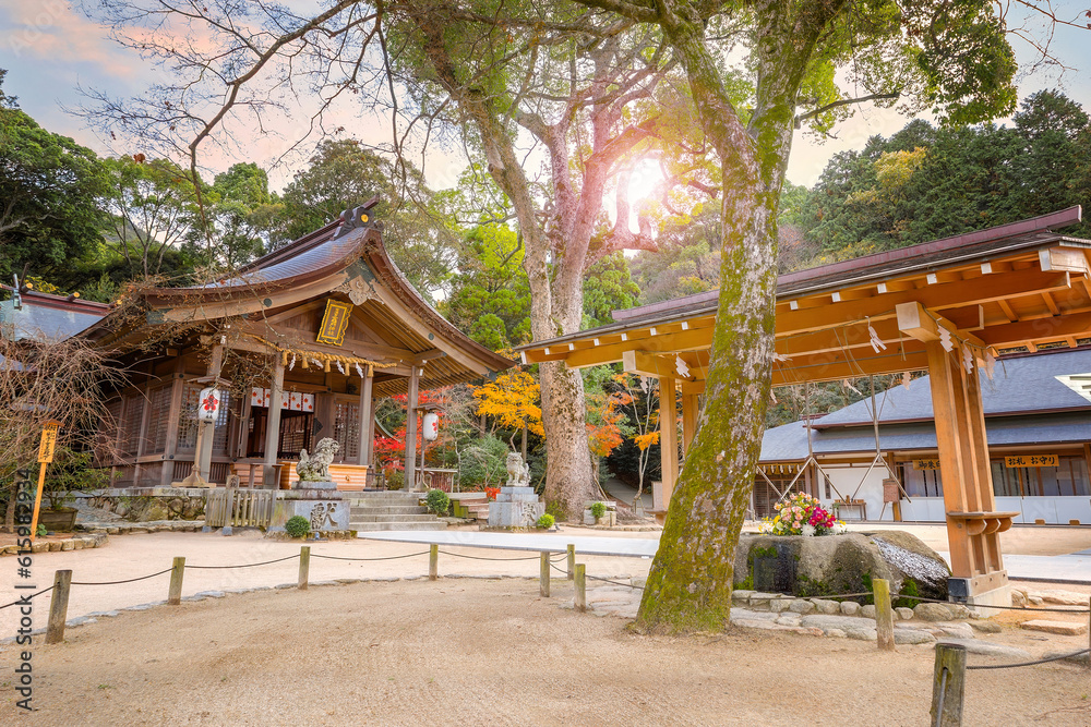 Fukuoka, Japan - Nov 30 2022: Homangu Kamado shrine located at Mt. Homan, venerated from ancient times as a sacred mountain, the shrine probably the inspiration for Kimetsu no Yaiba: Demon Slayer Fukuoka, Japan - Nov 30 2022: Homangu Kamado shrine located at Mt. Homan, venerated from ancient times as a sacred mountain, the shrine probably the inspiration for Kimetsu no Yaiba: Demon Slayer