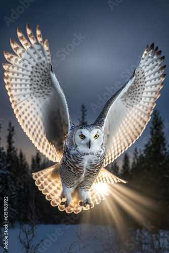 white owl flying with flapping wings in snowy winter wilderness created with Generative AI Technology © AstraNova