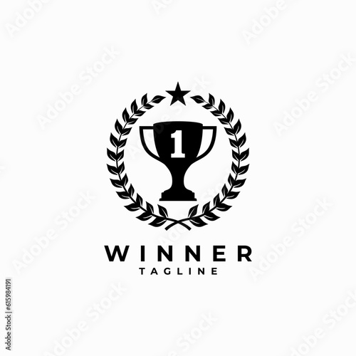 trophy champion vector template. first place winner award wreath ribbon graphic illustration.