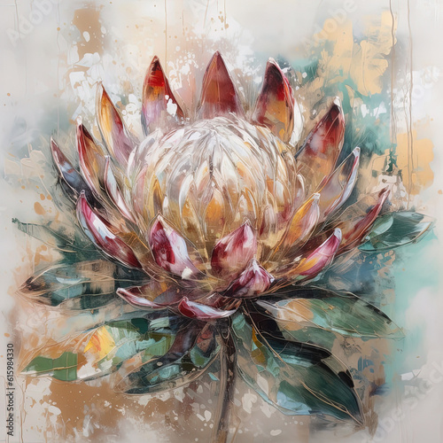 Abstract floral oil painting. Colorful protea flower art photo