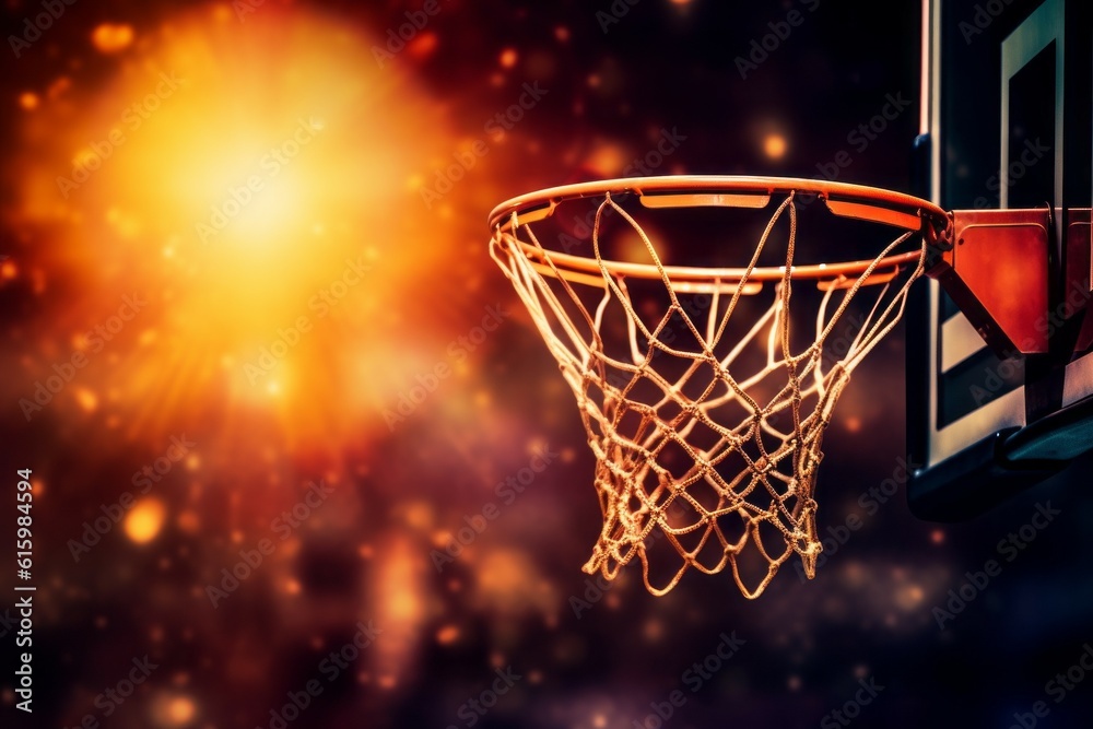 Basketball hoop with net or basket. Background with selective focus and copy space. AI generated, human enhanced