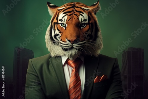 Anthropomorphic Tiger dressed in a suit like a businessman. Business Concept. AI generated  human enhanced