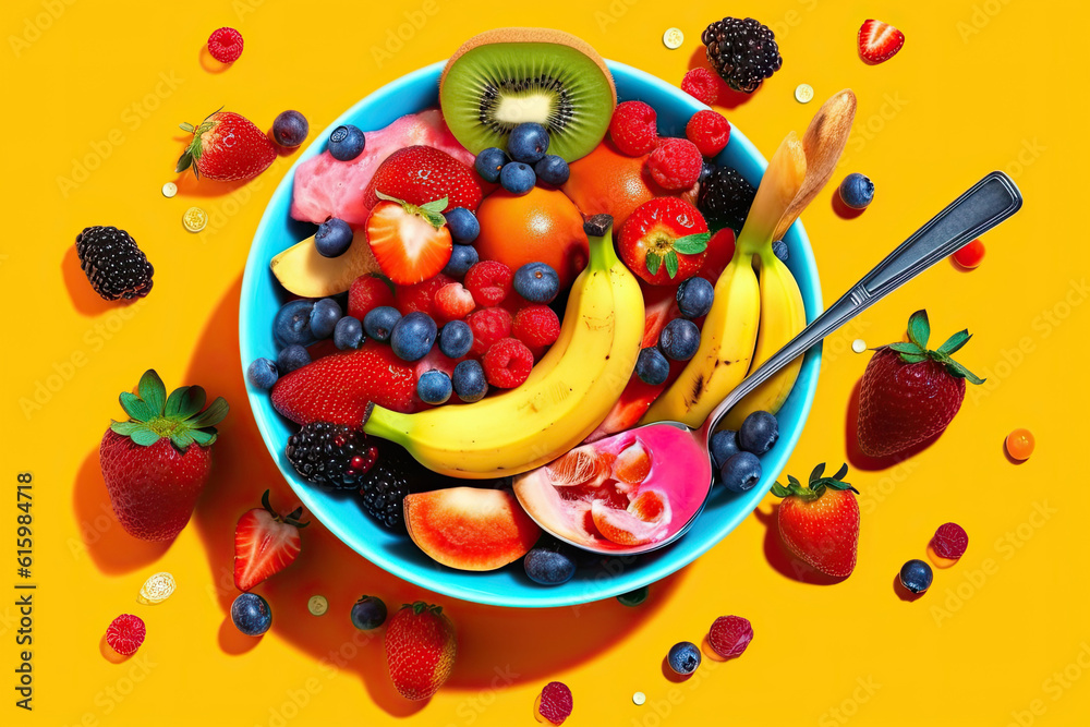 fruit in a blue bowl with spoons and strawberries on the table top view from above free stock photo