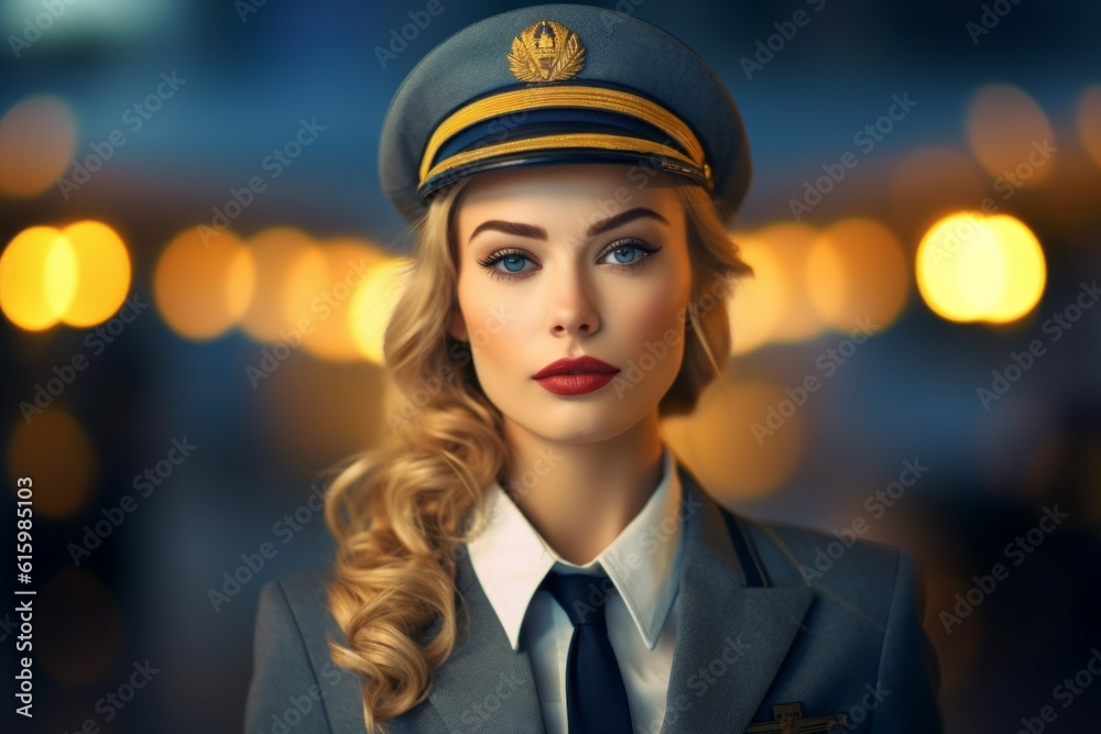Airline employee. Background with selective focus. AI generated, human enhanced Airline employee. Background with selective focus. AI generated, human enhanced