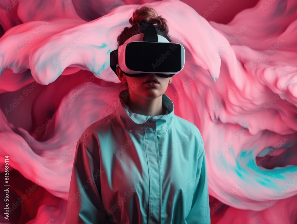 Young woman wearing virtual reality glasses in neon colors. AI generated, human enhanced. Young woman wearing virtual reality glasses in neon colors. AI generated, human enhanced.