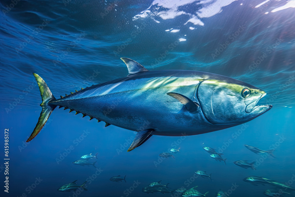 Fototapeta premium a big fish in the ocean with many small fish swimming around it's head and body, as if they are looking for
