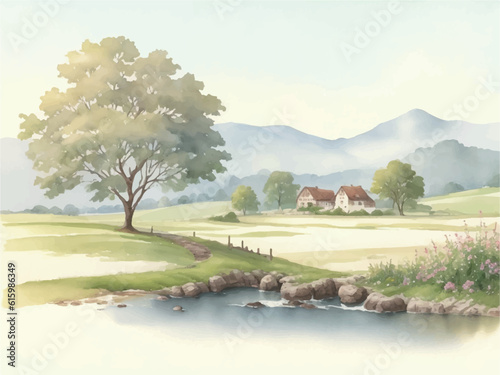 水彩イラストの田舎町の景色　AI生成画像