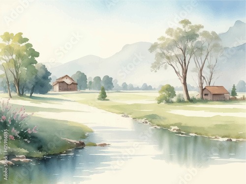 水彩イラストの田舎町の景色　AI生成画像
