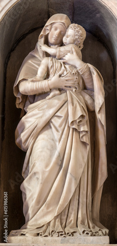 NAPLES, ITALY - APRIL 23, 2023: The marble statue of Madonna in the church Chiesa di San Giovanni a Carbonara by Naccherino (1601).