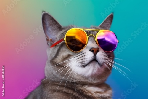 animal funny pet fashion cute neon portrait cat colourful sunglasses. Generative AI.