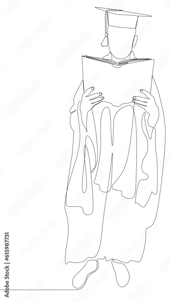 Obraz premium One continuous line of university student graduation celebration with books. Thin Line Illustration vector concept. Contour Drawing Creative ideas.