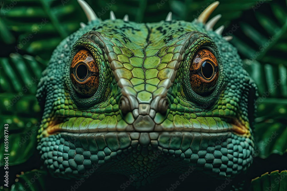Obraz premium a green lizard's face with orange eyes and long, sharped fangs on it's head looking directly into the camera lens